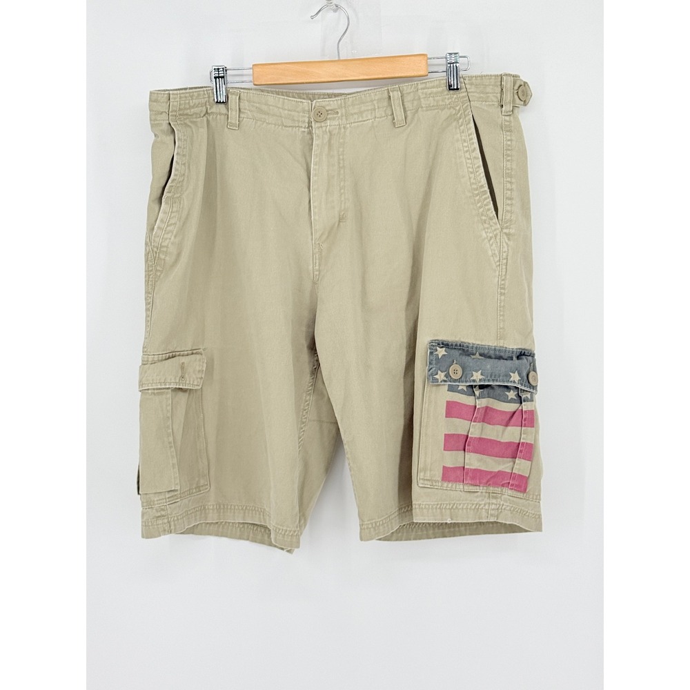 Y2k Mens Cargo Shorts 38 Tan American Flag Graphic Utility Paratrooper Long Bagg